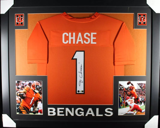 JA'MARR CHASE Signed/Autographed Custom Jersey in 35x43 Frame - Beckett/BAS
